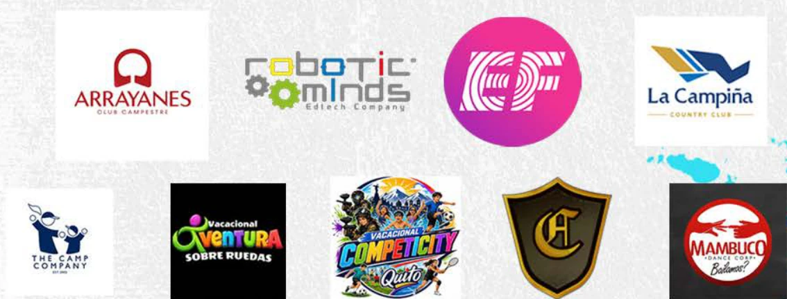Logotipos de campamentos clientes: Arrayanes, Robotic Minds, EF, La Campiña, The Camp Company, Vacacional Aventura sobre Ruedas, Competicity, y Mambuco
